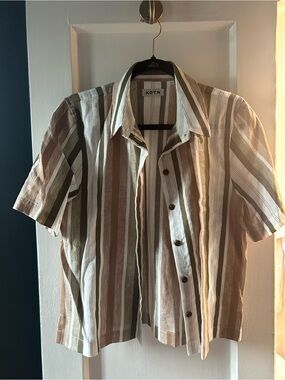 KOTN Short-Sleeve Vertical Stripe Button-Up Shirt in Beige, Olive, and White